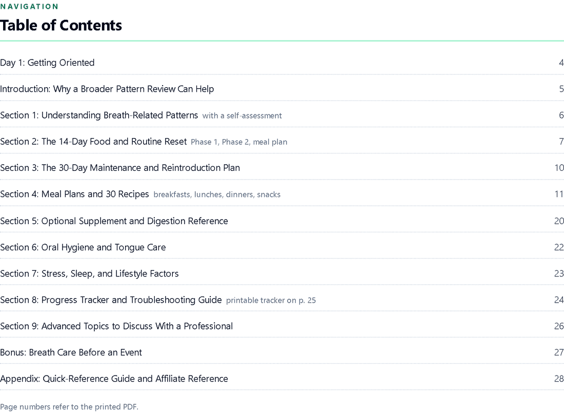 Table of contents from the Gut Breath Fix educational wellness guide